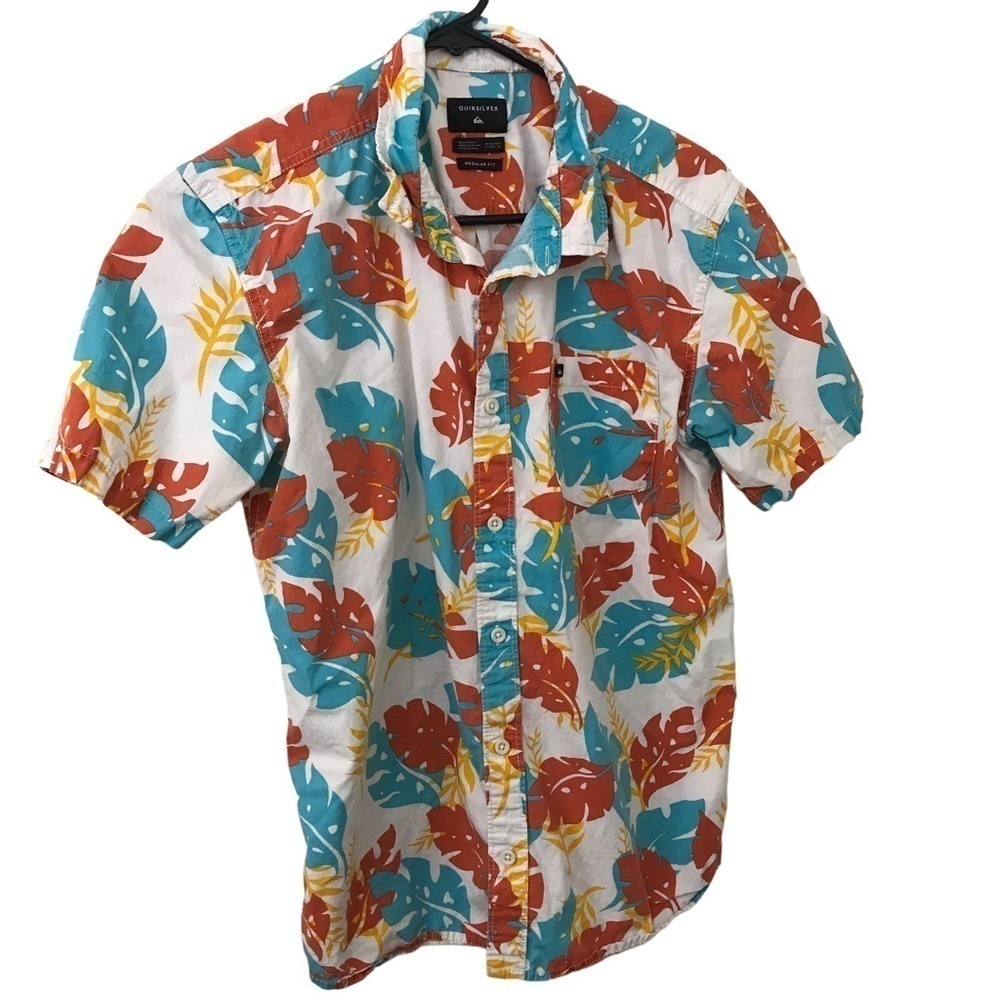 3/$15 Quicksilver relaxed fit kids multi color monsterra leaf print buttonshirt
